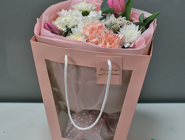 Bouquet with pink tulips and white chrysanthemum photo